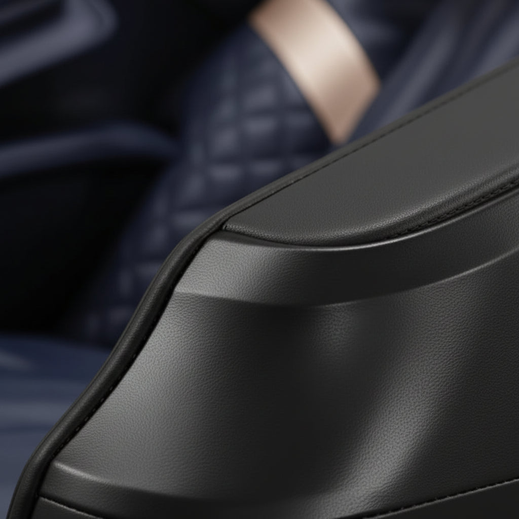 Blue massage chair in a room with a bookshelf and lamp.