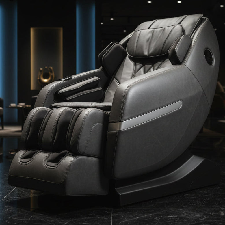 Blue massage chair in a room with a lamp and shelves.