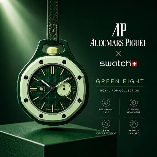 Green watch with Audemars Piguet and Swatch branding on a dark background