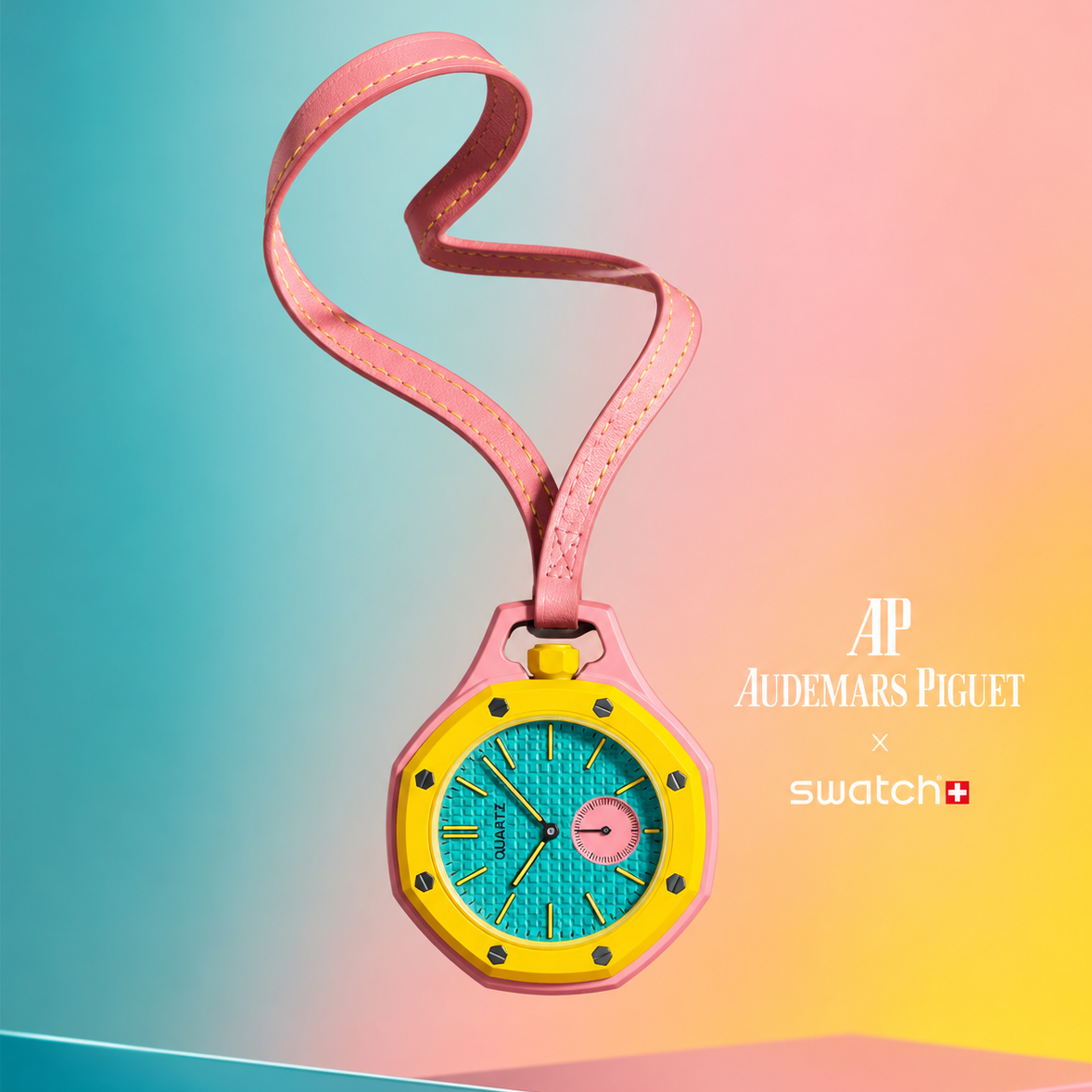 AP Swatch watch pinkColorful pendant with a watch face on a gradient background, featuring Audemars Piguet and Swatch logos.