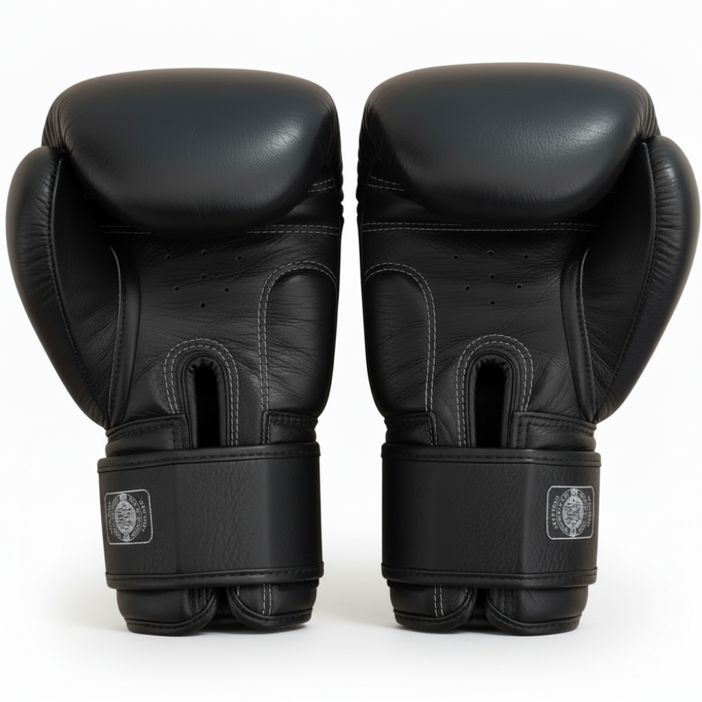 Pair of black boxing gloves on a light wooden surface