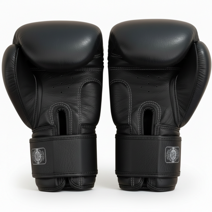 Pair of black boxing gloves on a light wooden surface
