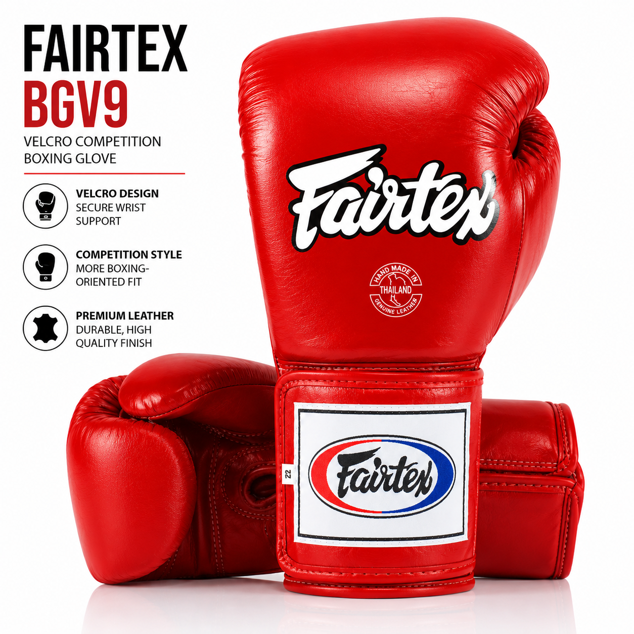 Red boxing glove with Fairtex BGV9 branding on a white background