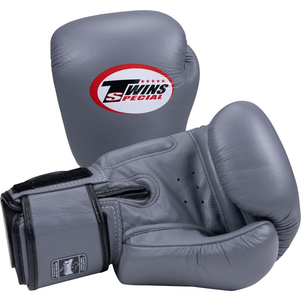 Gray boxing gloves with Twins Special logo on a white background