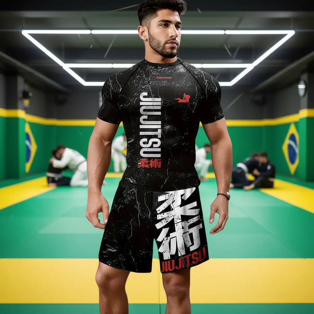 Person wearing Jiu-Jitsu branded athletic wear in a martial arts training facility.