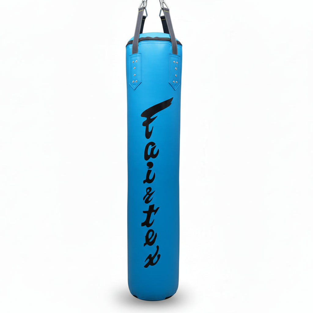 Yellow punching bag with 'Fairtex' branding on a white background