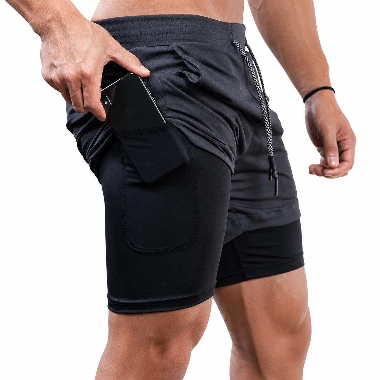A close-up of a person wearing black athletic shorts with a side pocket holding a phone, shown from the waist to mid-thigh against a plain white background.