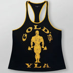 Black tank top with yellow 'Gold's Gym' logo on a gray background