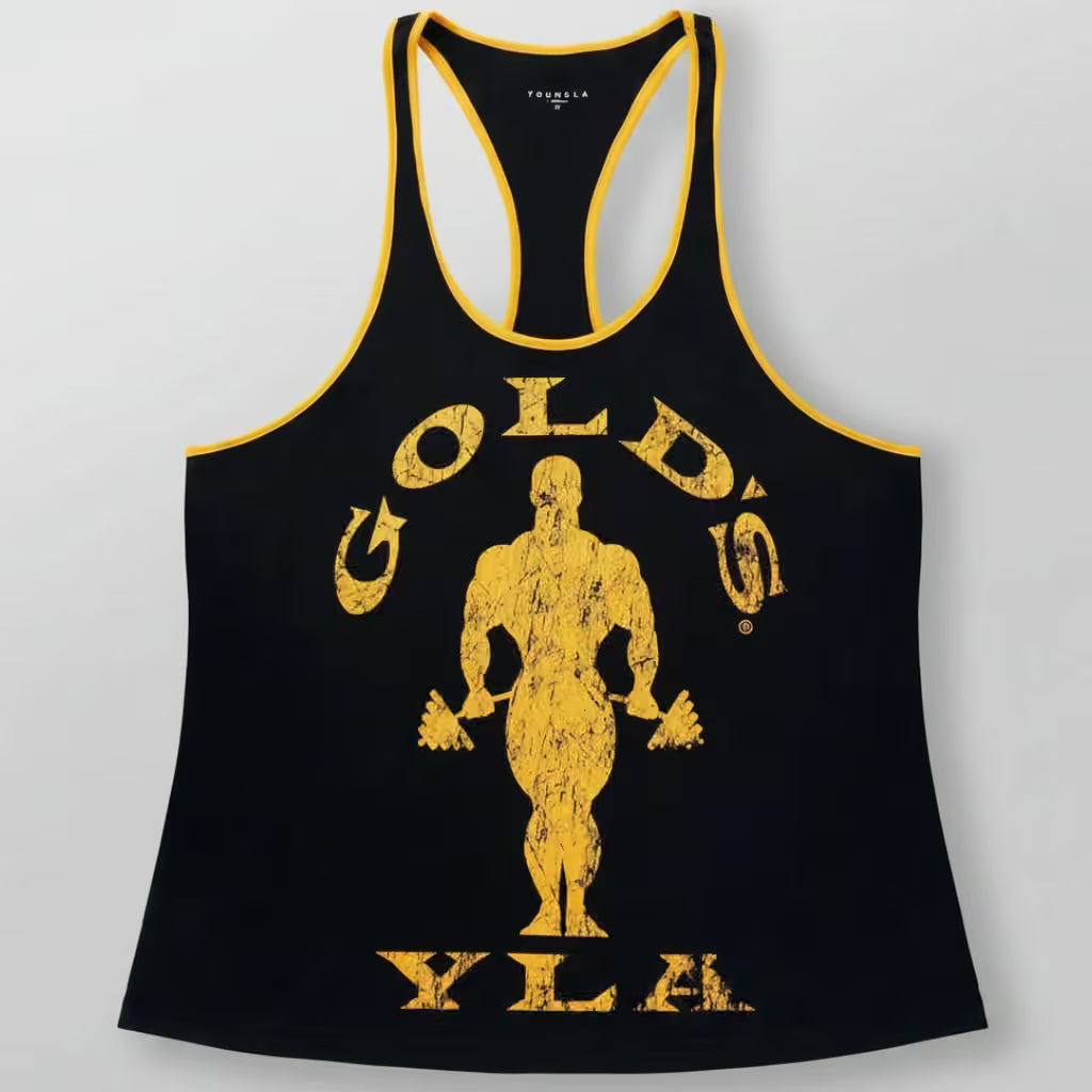 Black tank top with yellow 'Gold's Gym' logo on a gray background