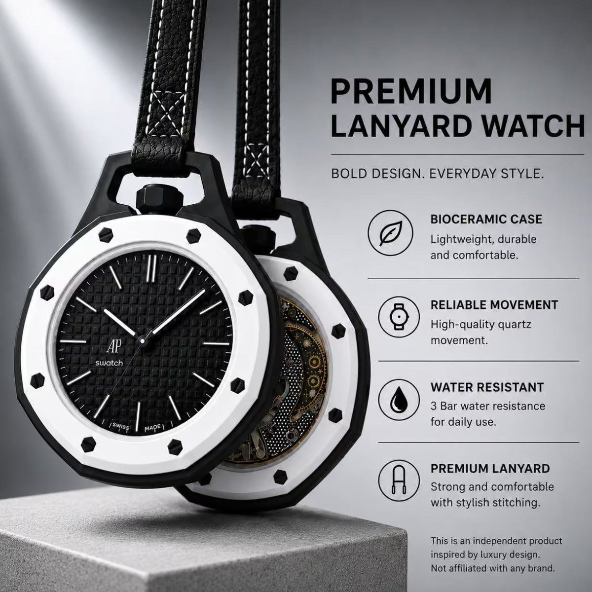 A luxury watch with a black leather strap and a two-tone black and silver-tone case, shown alongside descriptive marketing text on a dark gray background.