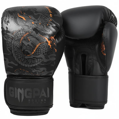 Black boxing gloves with dragon design and Gingpai branding on a white background