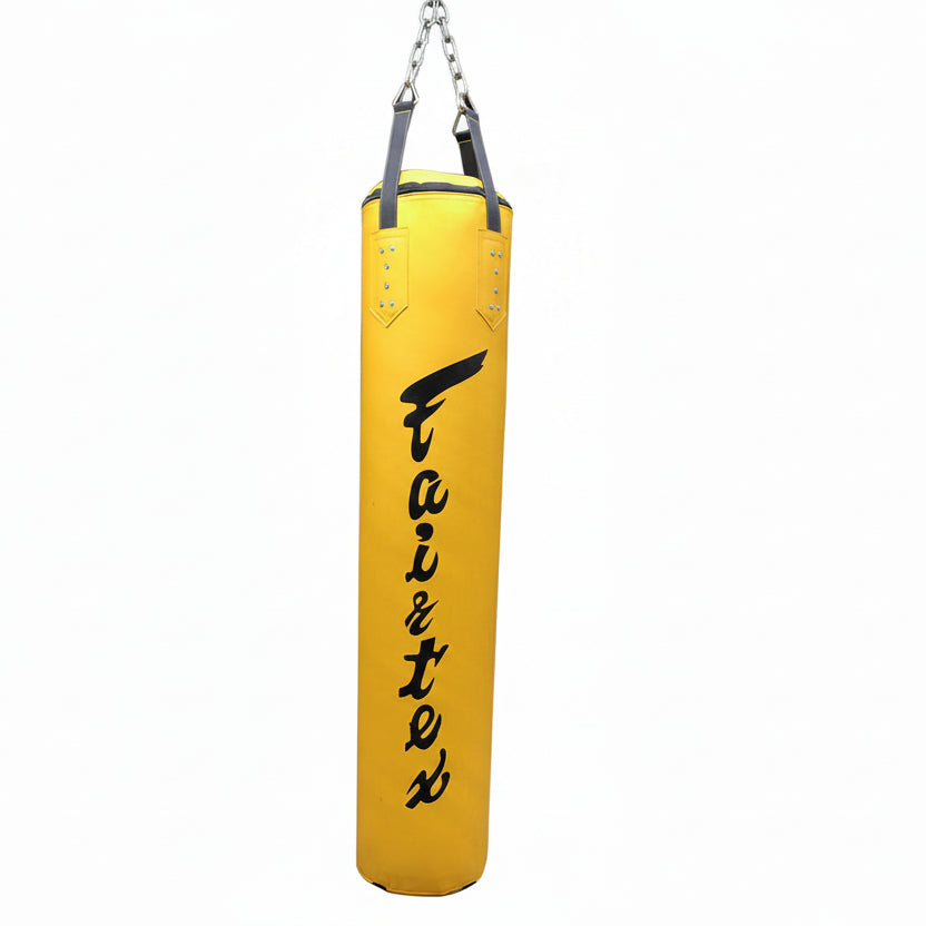 Two yellow punching bags with 'Faixtex' branding on a white background