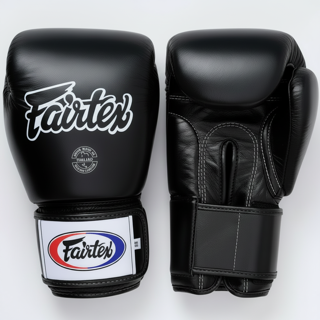 Black boxing gloves with Fairtex branding on a white background