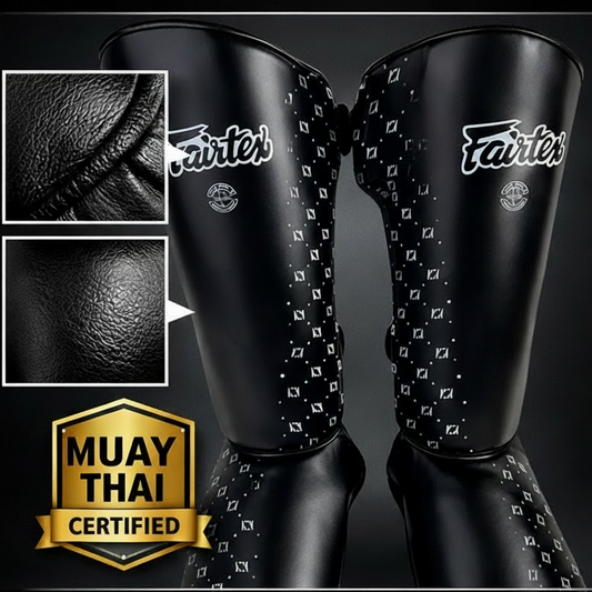 Black shin guards with brand logo on a dark background, featuring text and icons indicating features like durability, protection, and top performance.