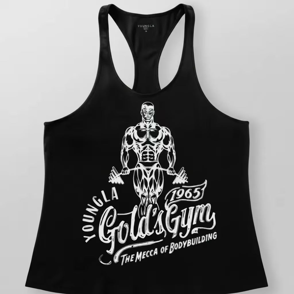 A black racerback tank top featuring a white graphic print of a muscular bodybuilder with the text 'YOUNGLA Gold's Gym 1965' and 'THE MECCA OF BODYBUILDING' on a light gray background.