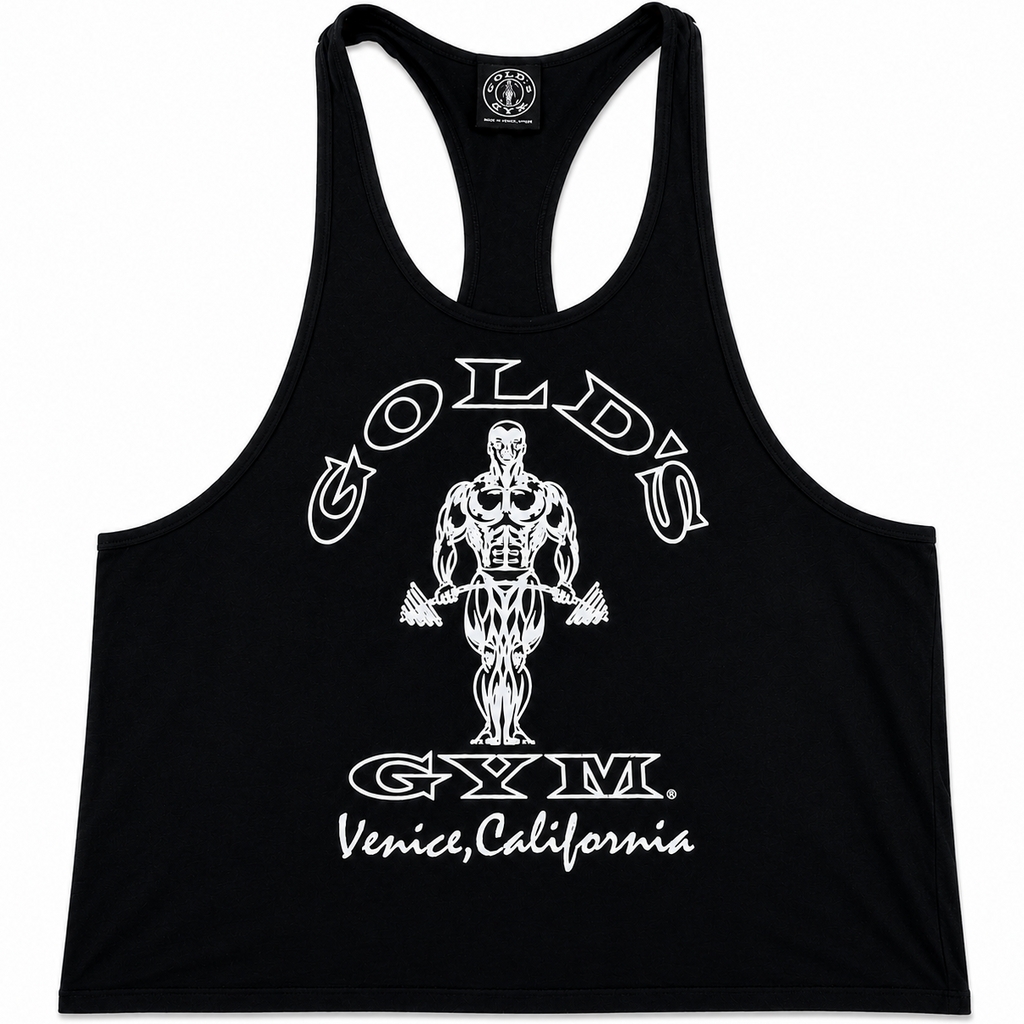 Black tank top with Gold's Gym logo on a white background