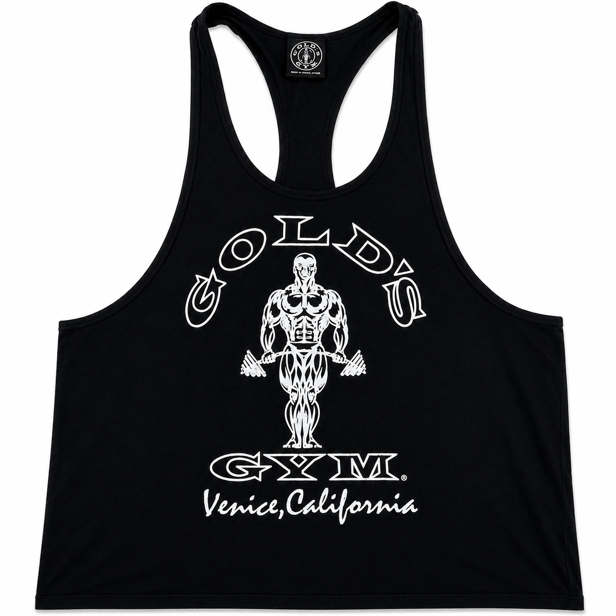 Black tank top with Gold's Gym logo on a white background