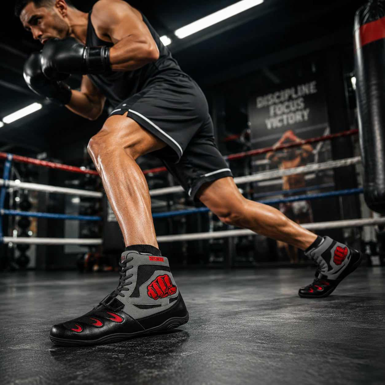 A boxer in a ring wearing black and gray boxing boots with red accents, captured in a dynamic lunge pose inside a boxing gym.