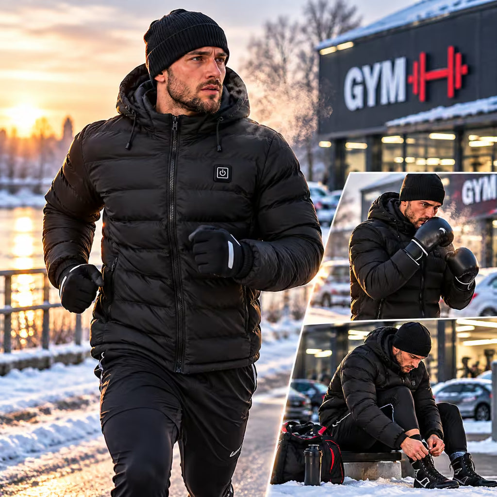 A man wearing a black puffer jacket, black beanie, black gloves, and black athletic pants is shown outdoors in a snowy setting near a gym building. The main panel is large, with two smaller inset panels on the right showing additional views of the same outfit in use.