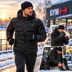 A man wearing a black puffer jacket, black beanie, black gloves, and black athletic pants is shown outdoors in a snowy setting near a gym building. The main panel is large, with two smaller inset panels on the right showing additional views of the same outfit in use.