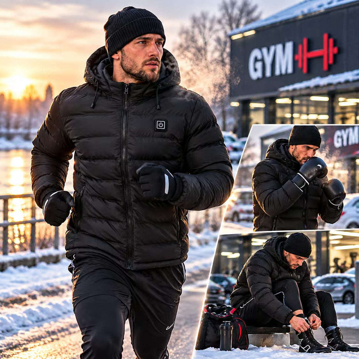 A man wearing a black puffer jacket, black beanie, black gloves, and black athletic pants is shown outdoors in a snowy setting near a gym building. The main panel is large, with two smaller inset panels on the right showing additional views of the same outfit in use.
