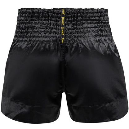 Black athletic shorts with a yellow logo on a white background, featuring the brand 'FLUORY'.