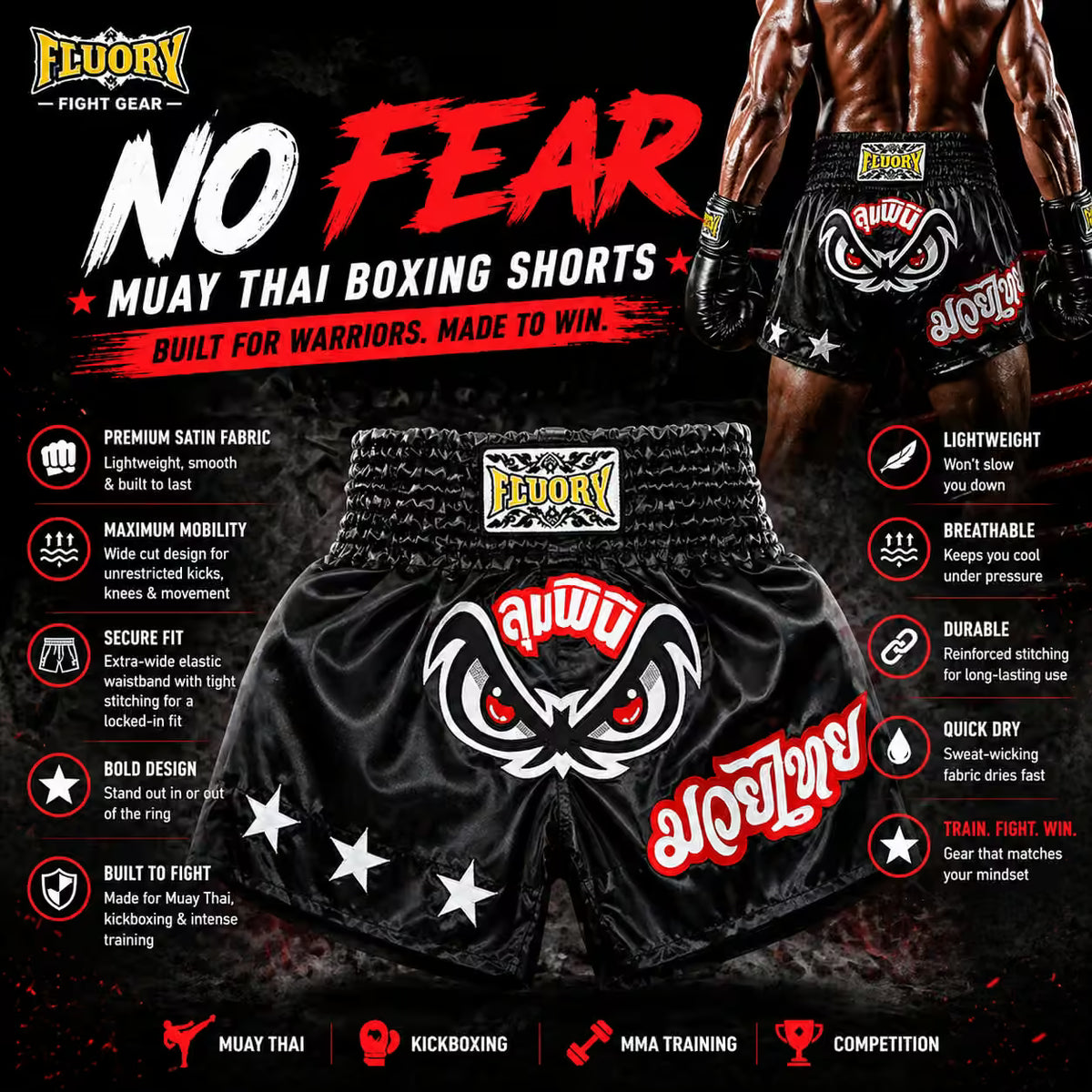 No Fear Muay Thai MMA Shorts | Boxing, Kickboxing & Fight Training