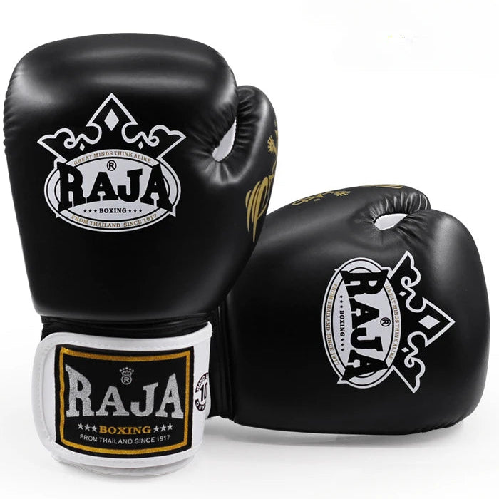 Black boxing gloves with Raja Boxing logo on a white background