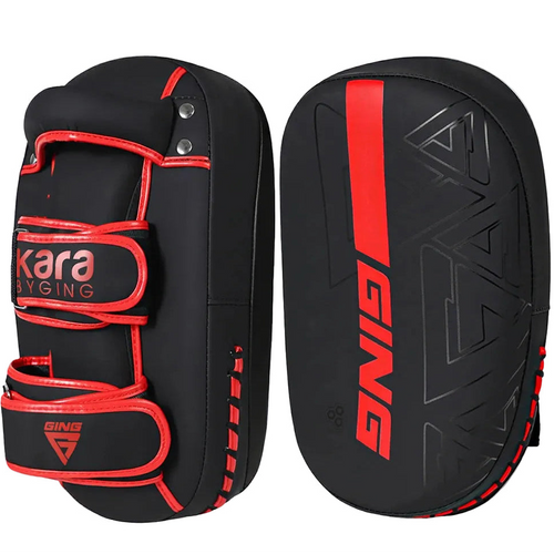 Black and red Kara GING martial arts training pads on a white background