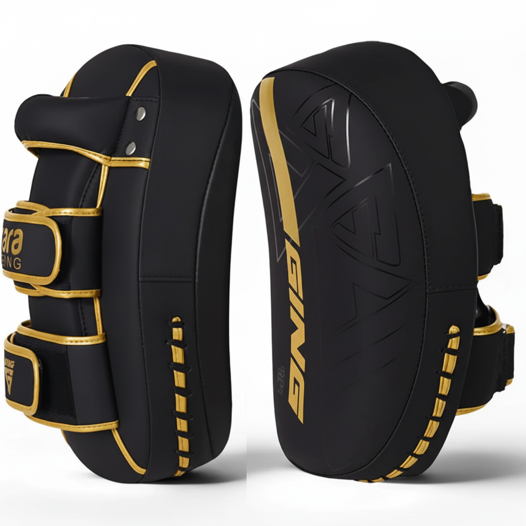 Black and gold knee pads with 'Ringside' branding on a white background