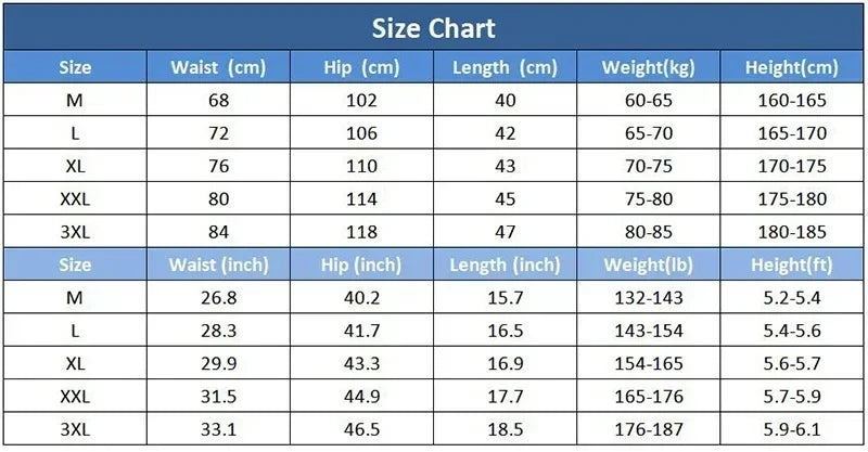 Size chart for clothing with measurements in centimeters and inches.