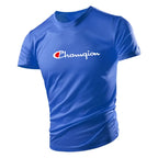 Blue t-shirt with Champion logo on a white background