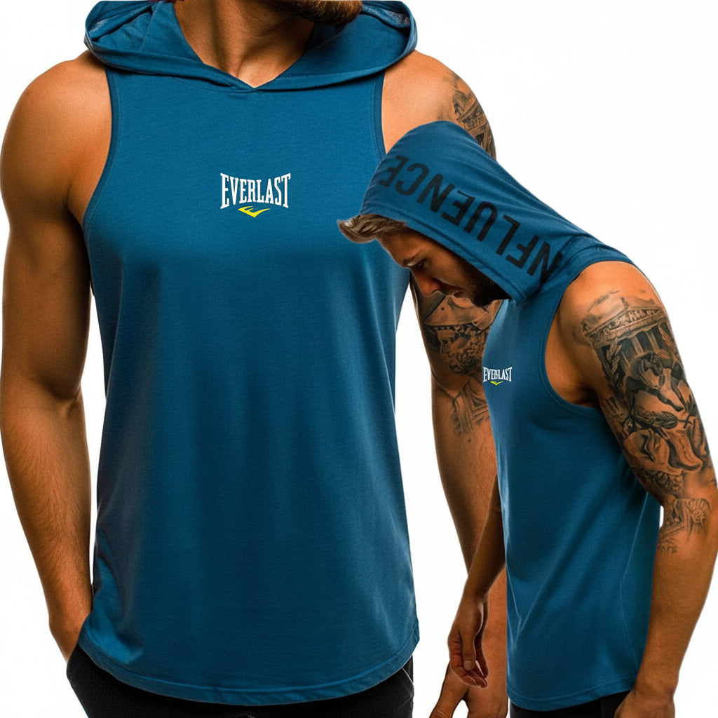 Person wearing a blue sleeveless hoodie with 'Everlast' branding on a white background