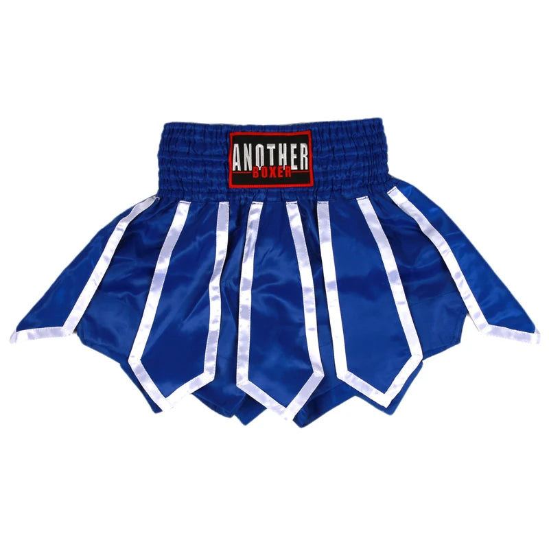 Blue martial arts shorts with white striped panels and a black waistband patch that reads 'ANOTHER BOXER'.