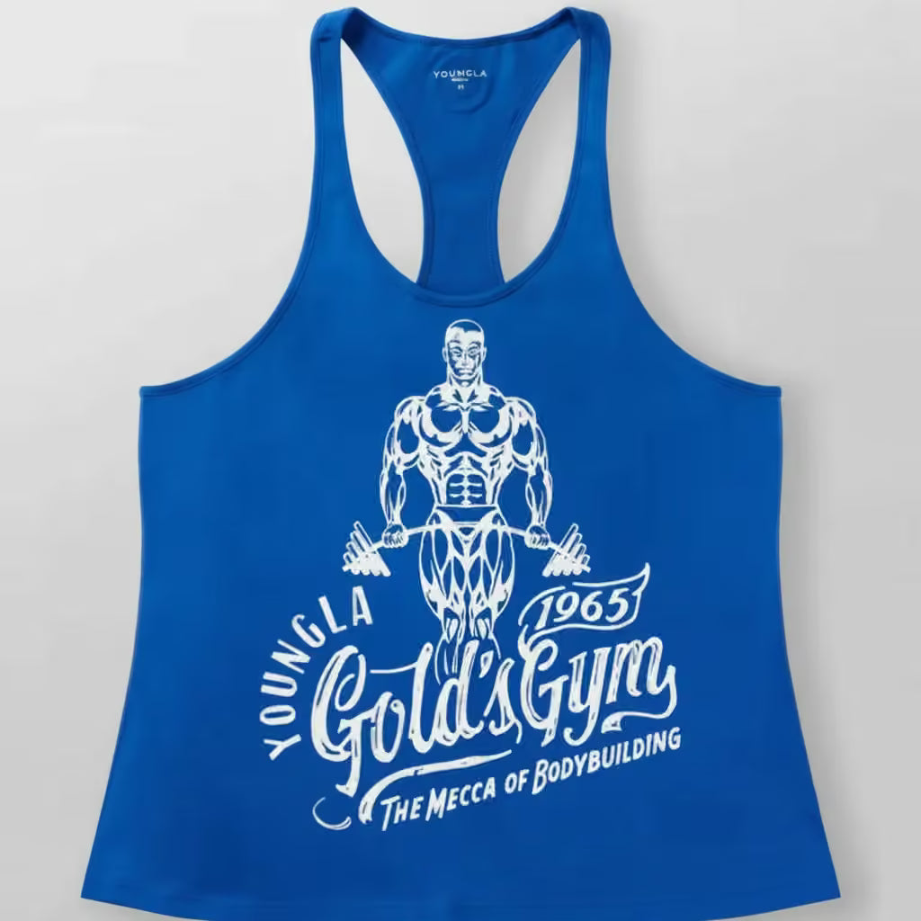 A royal blue racerback tank top featuring a white graphic of a muscular bodybuilder with the text 'Young La Gold's Gym 1965' and 'The Mecca of Bodybuilding' printed on the front.