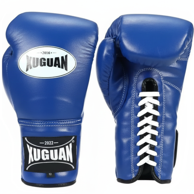 Pair of blue boxing gloves with Xuguan branding on a white background