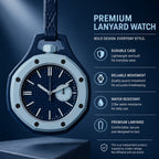 A luxury watch with a dark blue textured dial, silver-toned case, and dark blue leather strap, presented with marketing text on a dark blue background.