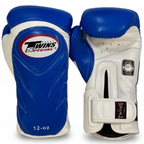Pair of blue and white Twins Special boxing gloves on a white background