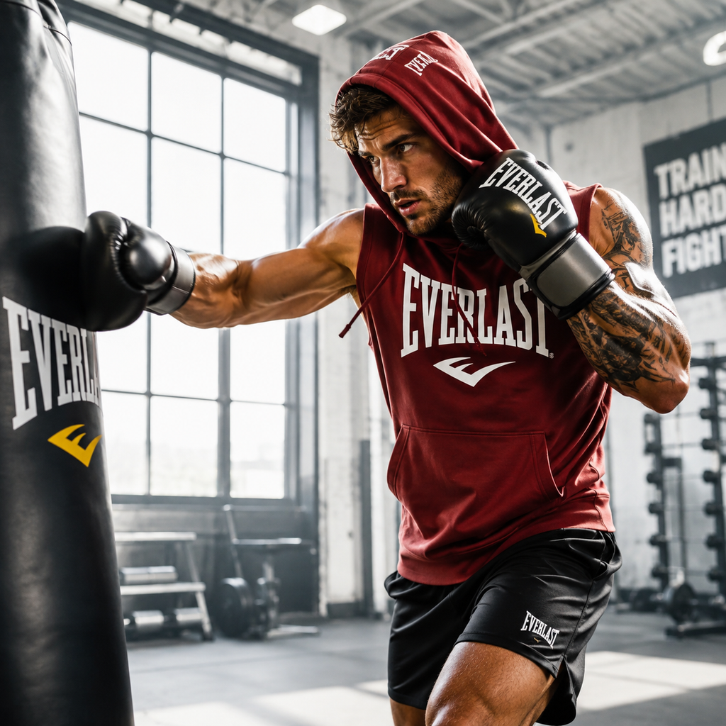 A man in a red Everlast hoodie and black shorts punches a black Everlast hanging punching bag in a gym.