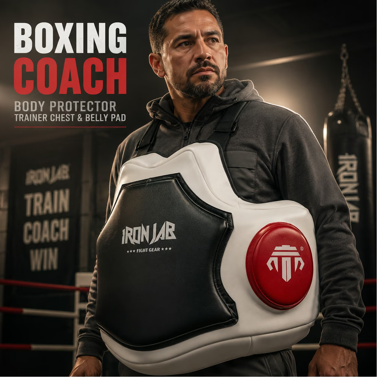 Man wearing a boxing coach body protector with Iron Jar branding in a boxing ring setting.