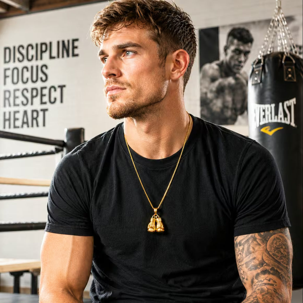 Man in a black t-shirt with a gold necklace in a boxing gym.