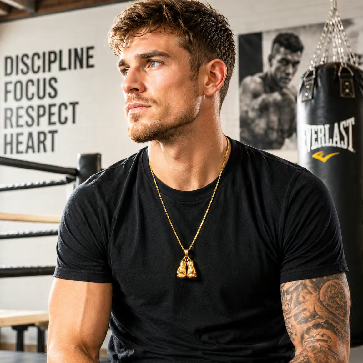 Man in a black t-shirt with a gold necklace in a boxing gym.