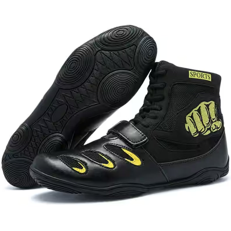 A pair of black high-top athletic sneakers shown on a white background, with one shoe standing upright and the other lying on its side to display the sole. The shoes feature yellow graphic accents, including a stylized fist on the side and curved stripes on the toe, with a small yellow 'SPORTS' label near the collar.