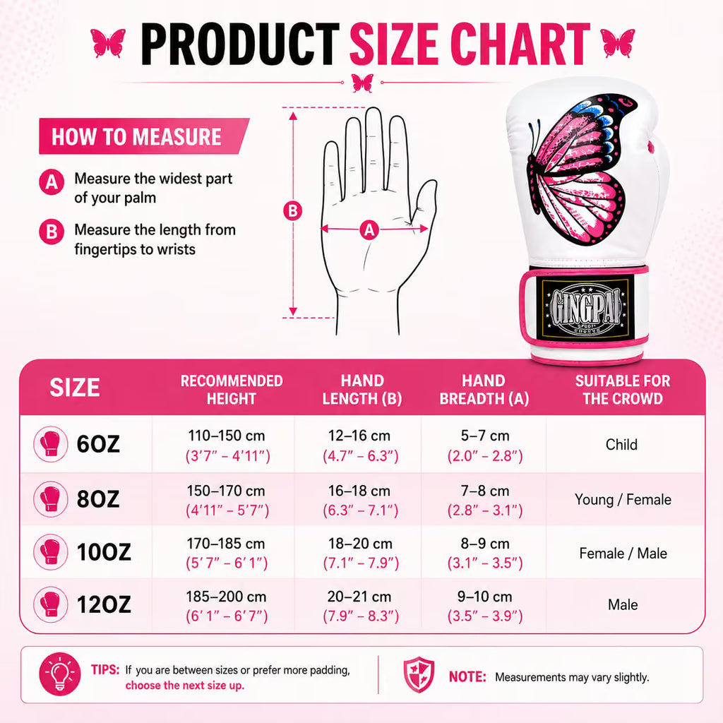 Product size chart for boxing gloves with measurements and a butterfly design on a pink background.