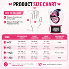 Product size chart for boxing gloves with measurements and a butterfly design on a pink background.