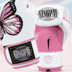Pink and white boxing gloves with butterfly design and Gingpa branding on a light pink background.