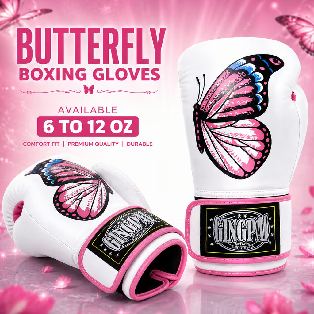 White GINGPAN butterfly boxing gloves with pink and blue butterfly graphics, shown on a pink promotional background with text reading 'BUTTERFLY BOXING GLOVES' and 'AVAILABLE 6 TO 12 OZ'.