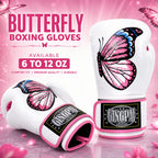 White GINGPAN butterfly boxing gloves with pink and blue butterfly graphics, shown on a pink promotional background with text reading 'BUTTERFLY BOXING GLOVES' and 'AVAILABLE 6 TO 12 OZ'.