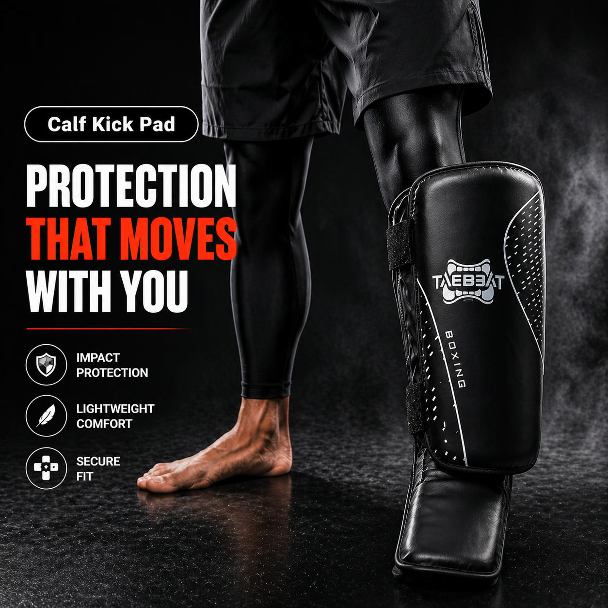Person wearing a black calf kick pad with branding on a dark background