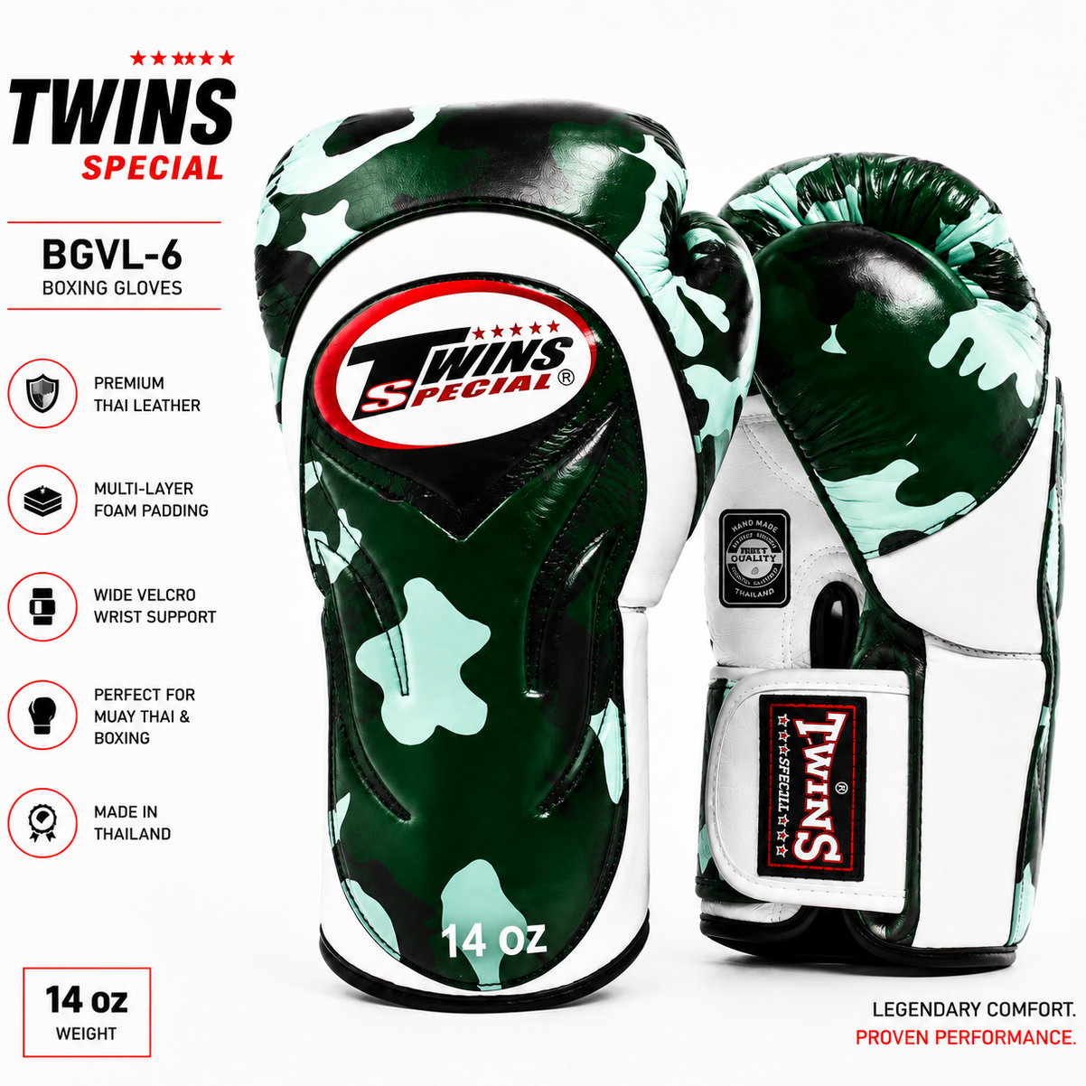 Green and white Twins Special boxing gloves with product details on a white background